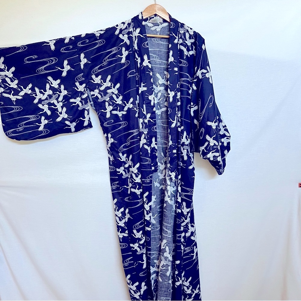 Blue and White 100% Cotton Kimono Robe with Crane Bird Flight Design